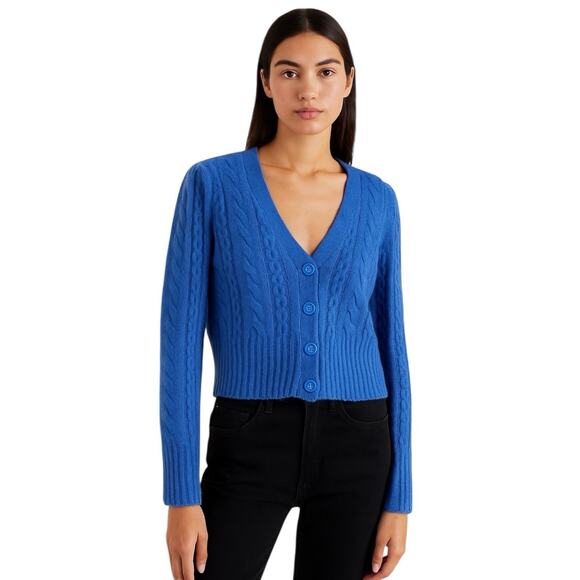 ME+EM Cashmere Silk Cardigan Cable Knit sweater Blue Sz Medium Luxury cozy Chic - Picture 1 of 13